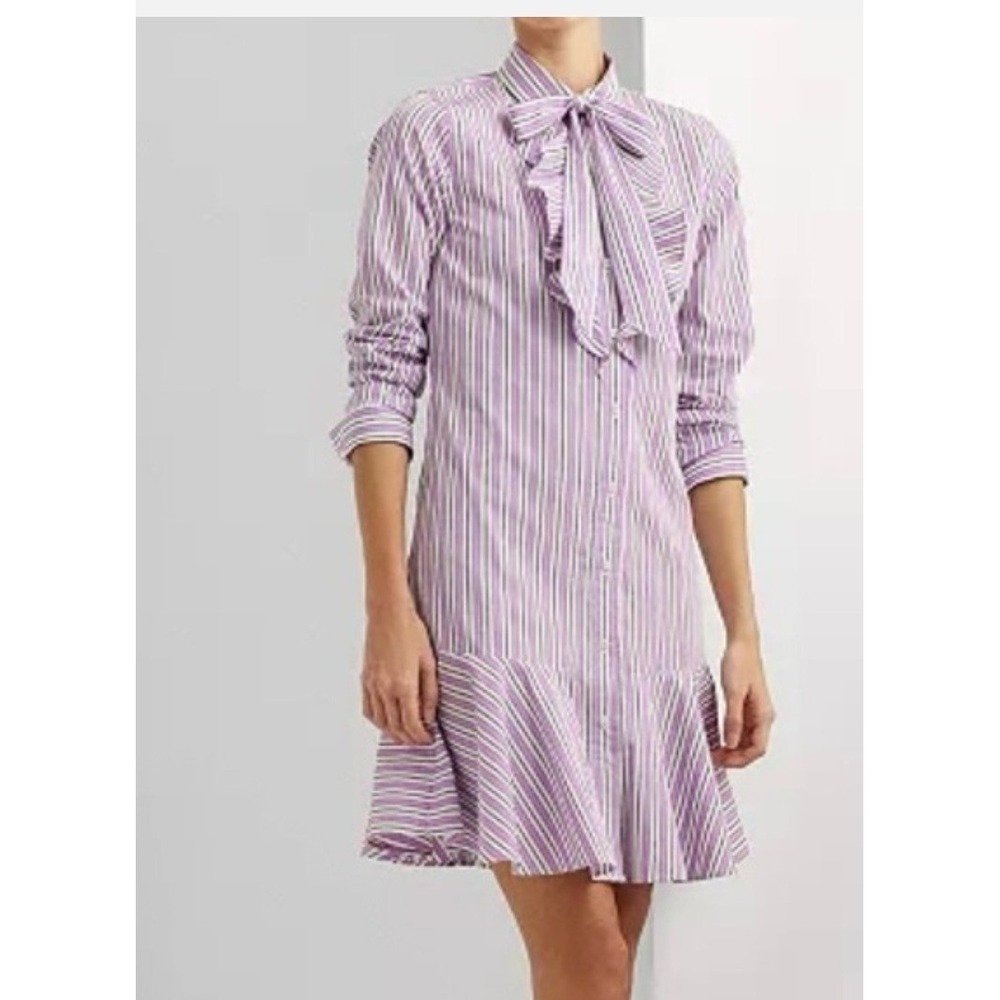 Lauren Ralph Lauren Shirt Dress Womens 14 Purple Pinstripe New Ruffle Tie Neck